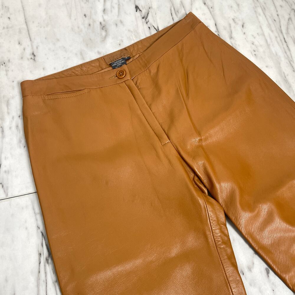 BCBG Max Azria Cognac Leather Pants Size 0 High Rise Straight Leg Real Leather - Picture 3 of 10